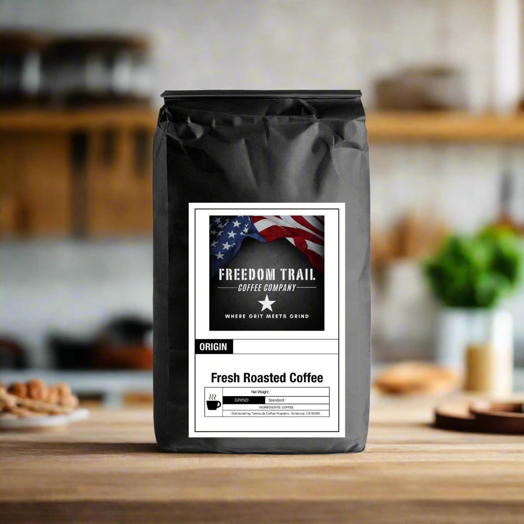 Coffee bag from Freedom Trail Coffee Company on a kitchen counter