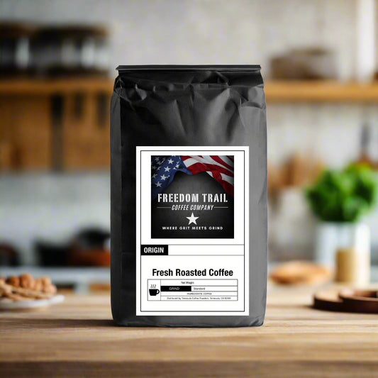 Coffee bag from Freedom Trail Coffee Company on a kitchen counter
